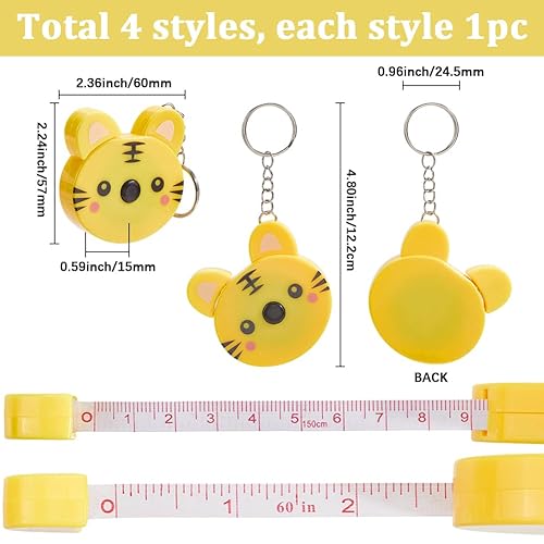 SUNNYCLUE 4 porte Clés Petit Mètre Ruban 4 styles en Plastique PVC Motif Grenouille Cochon Panda Tigre Animaux du Zoo Règle pour Tissu Corps Couture Outils et Accessoires - Nail Gallerys