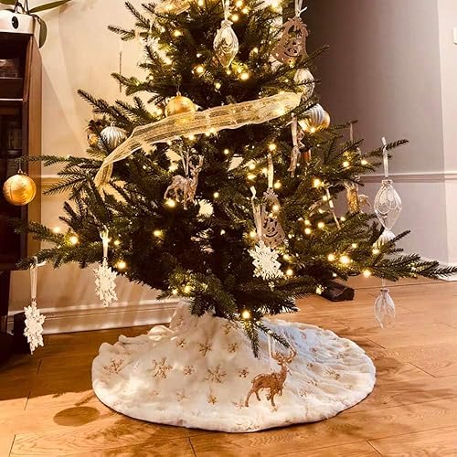Couvre-pied de sapin de Noël en peluche Décoration pour les fêtes de Noël Diamètre 90 cm Motif flocons de neige Blanc/doré - Nail Gallerys