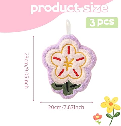 Lot de 3 serviettes à motifs floraux (violet, jaune, rose), flanelle pelucheuse à séchage rapide avec œillet de suspension, serviette pour enfants, petites serviettes (23 x 20 cm) - Nail Gallerys