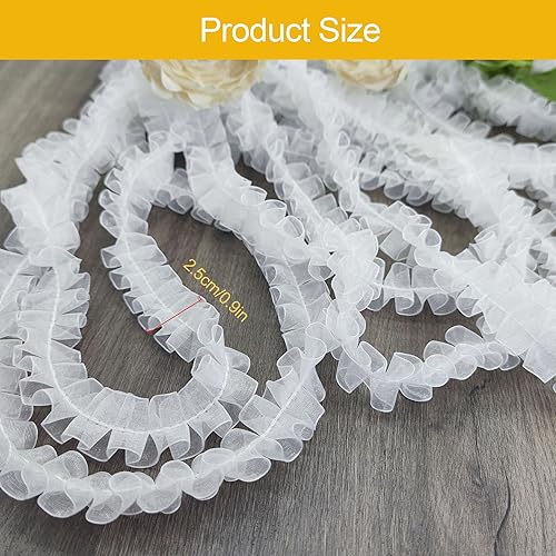 TUKEVA Ruban en dentelle plissée en organza - 13 m de long et 2,5 cm de large - Élastique - Pour bricolage, couture, artisanat, mariage, décoration de scrapbooking (blanc) - Nail Gallerys