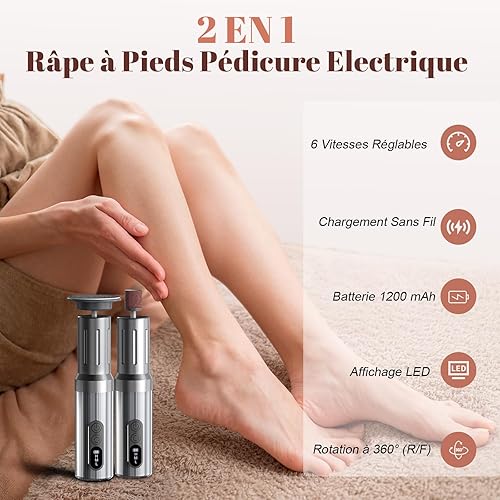Robofun 2025 Nou Râpe à Pieds Pédicure Electrique avec LED Affichage, 2 en 1 Ensemble Râpe Électrique Pied Professionnel avec Limes à Pieds et Vernis à Ongles, 6 Vitesses, pour Peau Morte Corne Talon - Nail Gallerys