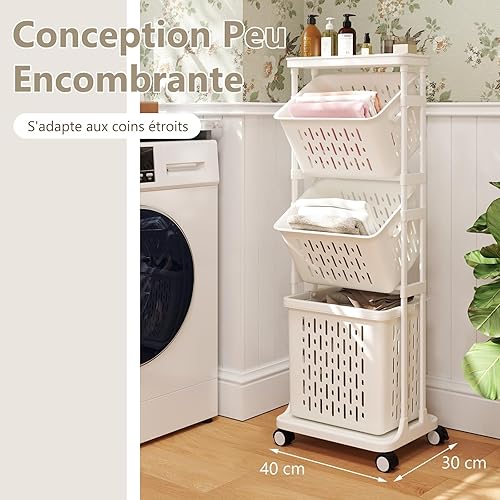 GOPLUS Panier a Linge à 3 Niveaux, 4 Roulettes, 2 Petits Paniers et 1 Grand Panier, Panier à Linge avec Poignées pour Salle de Bain, Buanderie, 40x30x112cm (40x30x112CM) - Nail Gallerys