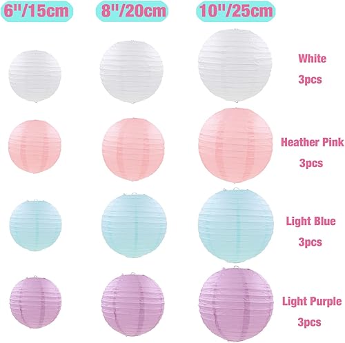 Mondeer Lot de 12 lanternes en papier - Couleur pastel - Rondes - Décoration à suspendre - Différentes tailles - Pour mariage, anniversaire, fête prénatale, fête - Décoration d'intérieur - 15,2 cm, - Nail Gallerys