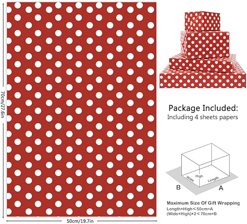 Lot de 4 feuilles de papier cadeau à pois rouges et blancs - Pour Noël et toutes les fêtes - 49,6 x 68,5 cm par feuille - Pour femmes, hommes, enfants, anniversaire, mariage, douche prénatale - Nail Gallerys