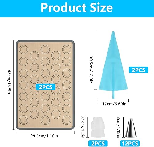 2 Pcs Tapis de Cuisson en Silicone pour Four Macarons,Tapis et Feuilles de Cuisson Antidérapants pour Macarons Biscuits Patisserie Accessoire,42 x 29 cm,12 Douilles,2 Poches à Douille,2 Connecteurs - Nail Gallerys