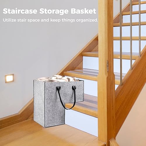 GEKMOR Panier d'escalier pliable en feutre pour escaliers de 40,6 cm, grands paniers d'escalier avec poignées en cuir synthétique, panier de monte-escalier pour escaliers en bois, rangement, - Nail Gallerys
