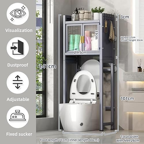 Treesunshine 2 Niveaux Etagere Toilette, Meuble de Toilette WC Rangement, Meuble Étagère de Salle de Bain avec étagère réglable, Rangement au Dessus des Toilettes, 141 x 71 x 26 cm, Gris - Nail Gallerys