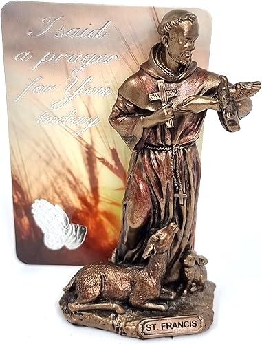 celebrationgiftsforall Statuette de Saint François - Figurine religieuse catholique chrétienne à collectionner en bronze peinte à la main - Ornement avec carte souvenir « I Said a Prayer For You » - Nail Gallerys