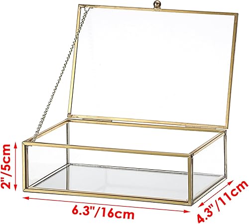 SUMTree Boîte à bijoux en verre doré avec couvercle en laiton - Rectangulaire - Vintage - Décoration d'intérieur - Vitrine - Pour bagues, colliers, bracelets, boucles d'oreilles - Cadeau pour femme - Nail Gallerys