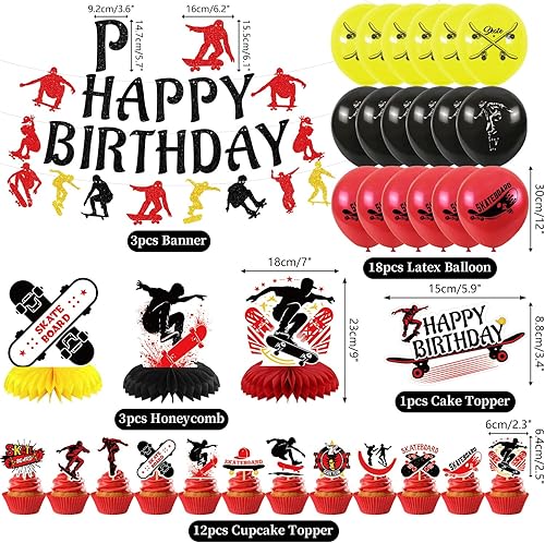 Obussgar Décorations de fête d'anniversaire pour skateboard, accessoires de fête, avec bannières, décorations de gâteau, centres de table, ballons pour skateboard, décorations de fête (LQ) - Nail Gallerys