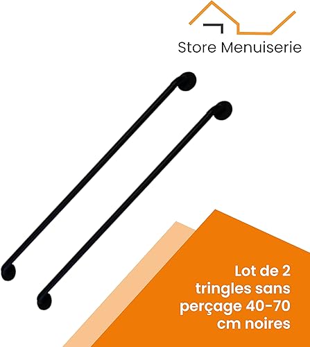 Lot de 2 mini-tringles à rideaux industrielles arrondies sans perçage extensibles 40-70cm D10 Noir Mat en métal, pour voilages légers et brise-bise, brise-vue, tringle pour fixation adhésive réglable - Nail Gallerys