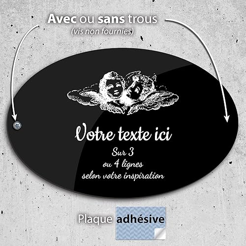Plaque gravée funéraire motif Deux têtes d'anges autocollante modèle ovale (20x13 cm) personnalisée 1 à 3 lignes Or Brossé - Nail Gallerys