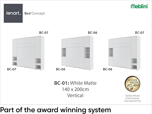 MEBLINI Lit Escamotable Bed Concept - Lit Pliant 2 Personnes - Lit Mural Rabattable - Lit Armoire - Lit Placard - Murphy Bed - BC-12-160x200cm Vertical - Blanc Laqué Brillant/Blanc avec Matelas - Nail Gallerys