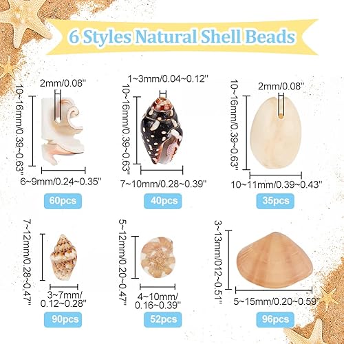 PH PandaHall 370pcs Perles de coquille en spirale naturs, 5~16 mm 6 modèles Pets coquillages Coquillages en spirale océanique Coquillages miniatures percés/non percés pour bijoux - Nail Gallerys