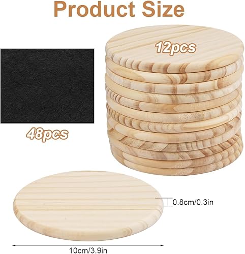 12 Pièces 10 cm Dessous de Verre Rond avec Patins Antidérapants Dessous de Verre Bois, sous-Verre en Bois Inachevé, Disques Ronds en Bois Naturel pour Les Pots de Fleurs, Boissons, Tasses en Verre - Nail Gallerys