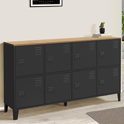 IDMarket - Buffet casier 139 cm Ester 8 Portes en métal Noir Plateau Bois Design Industriel - Nail Gallerys