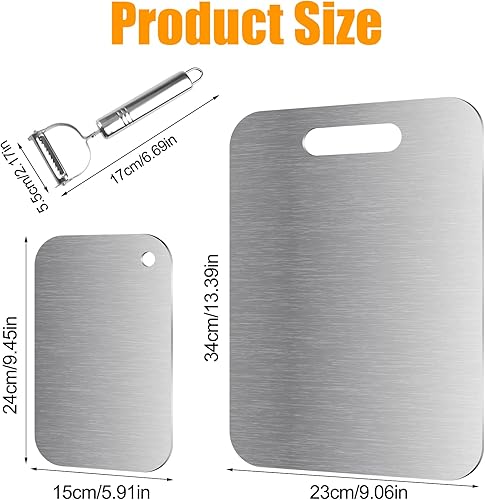 2 Pièces Planche a Decouper Inox 34 X 23 cm + 24 X 15 cm, Double Face Planche à Découper en Titane avec éPlucheur, Planche Titane Cuisine pour Couper La Viande, Fruits, Légumes et Abaisser Pâte à Pain - Nail Gallerys