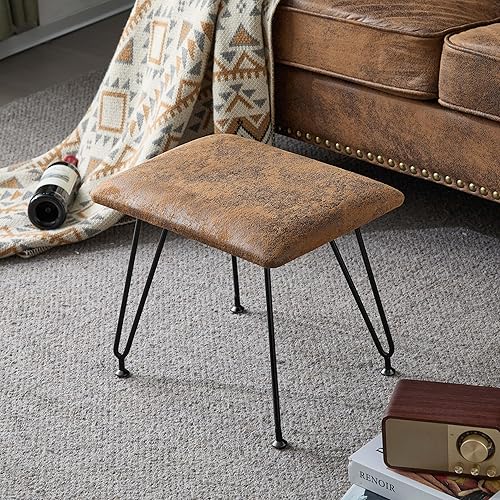 Balama Tabouret ottoman rustique, 40 x 30 x 35 cm, marron vintage, pieds en métal, assise rembourrée, housse en tissu imperméable, patins réglables - Nail Gallerys