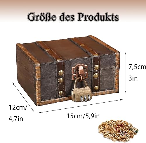Coffres au Trésor en Bois, 15x7,5x12cm Petit Coffre au Trésor de Pirate, Boîte de Rangement Vintage avec Serrure à Combinaison, Mini Boîte à Bijoux, pour les Clés, boucles d'oreilles, Bracelets,Marron - Nail Gallerys