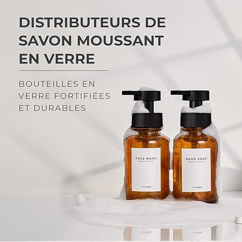 MaisoNovo Distributeur de Savon moussant en Verre 400 ML | Verre ambré Pompes Noires x 2 | Distributeur Savon Mousse - Nail Gallerys