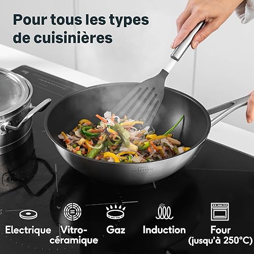 SILBERTHAL Wok Induction Inox 28cm - Revêtement antiadhésif -Bord haute - tous Feux Et Four - Cuisson Rapide Et Saine- Sans PFOA et PFOS - Nail Gallerys