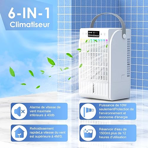 FIAHNG Portable Climatiseur Mobile Silencieux 1500 ml,Ventilateur Climatiseur Silencieux 4 Vitesses de Ventilateur,6 en 1 Refroidisseur d'air,Mini Climatiseur 2 Modes de Brumisation Poignée - Nail Gallerys