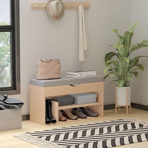 HOMCOM Meuble Chaussures Banc à Chaussures 2 Niveaux Rangement, Niche + Coffre intégré avec Coussin Beige Gris - Nail Gallerys