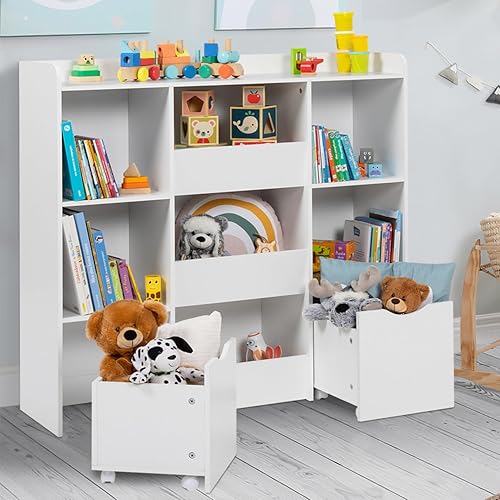 IDMarket - Meuble de Rangement Enfant Mana 5 étagères, 3 bacs et 2 Cubes sur roulettes Blanc - Nail Gallerys