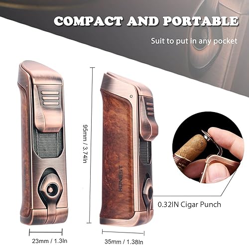HONEST Briquet Torche à Triple Jet avec poinçon intégré et fenêtre à gaz Visible, Rechargeable avec Flamme réglable, Cadeau pour Hommes, Barbecue, Cuisine, cheminée (Marron) - Nail Gallerys