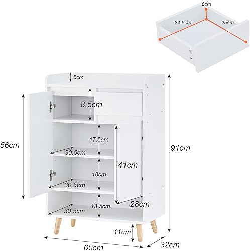 LEMROE Meuble à Chaussures en Bois avec 2 Portes, 5 Niveaux, 1 tiroir et 5 étagères, Armoire à Chaussures pour Couloir, Blanc, 60 cm de Large - Nail Gallerys