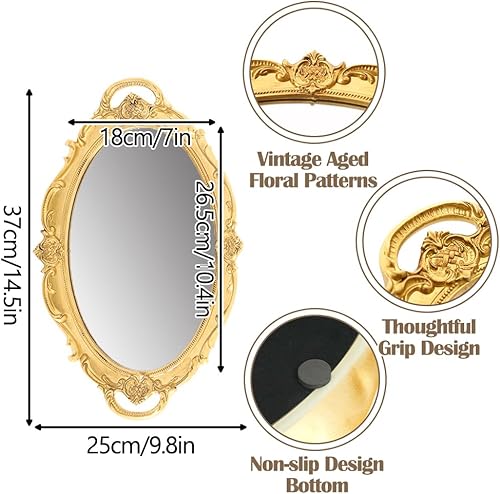 HMIEPRS Plateau Miroir Vintage, Plateau DéCoratif Doré pour CosméTiques, Plateau Organisateur pour Bijoux, Plateau De Maquillage Ovale pour Parfum, Plateau De Service pour Dressing, Chambre à Coucher - Nail Gallerys