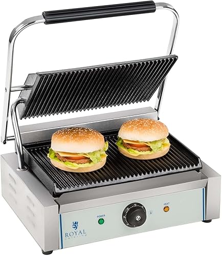 Royal Catering Presse à Panini 2 200W Plaques Nervurée 230V Plaque de Cuisson Supérieure 34x22 Plaque de Cuisson Inférieure 36x28,5 Collecteur de Graisse Grill Électrique Machine à Panini Burger - Nail Gallerys
