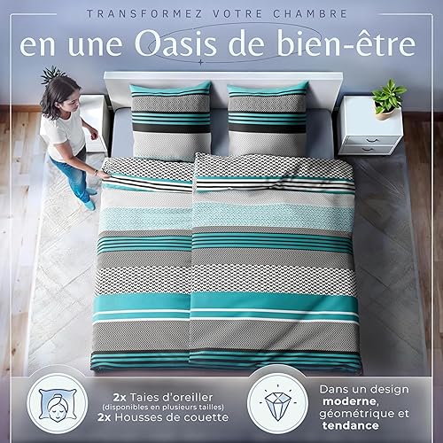 Sentidos Ensemble de Linge de Lit 4 Pièces en Coton Renforcé - 2x Housses de Couette 135x200 cm & 2x Taies d’Oreiller 80x80 cm avec Fermeture Éclair - Turquoise/Noir/Blanc - Nail Gallerys