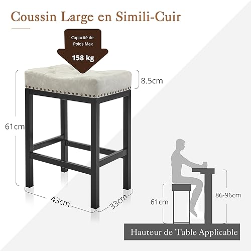LUE BONA Tabourets de Bar,Tabouret Bar Lot de 2,Faux Cuir Tabourets Bar pour Modernes îlots de Cuisine,Hauteur 61 cm avec Cadre Métallique,pour Cuisine,Salon,Salle à Manger,Beige Clair Gris+Noir - Nail Gallerys