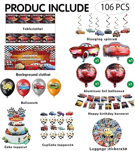 Lot de 104 décorations d'anniversaire Cars - Ballons 3D - Nappe - Autocollants - Décoration de gâteau - Bannière d'anniversaire pour garçons - Nail Gallerys