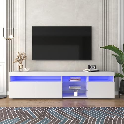 BTM Meuble TV Moderne, Banc TV avec éclairage LED Variable, Blanc avec Panneau Lumineux,pour Salon, Salle à Manger, Chambre, Rangement Pratique, Blanc Brillant, 180x35x45cm - Nail Gallerys