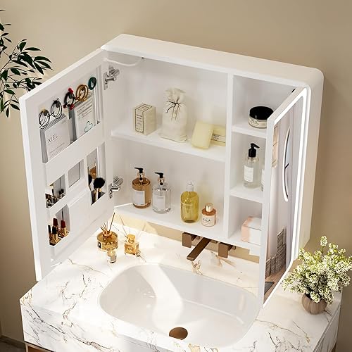 Aovquof Armoire à miroir avec éclairage - 80 x 70 cm - Armoire de salle de bain avec espace de rangement - Avec lumières LED réglables à intensité variable et fonction démoulage - Couleur crème - Nail Gallerys