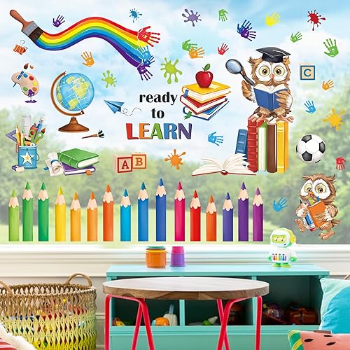 decalmile Autocollants Fenêtre Oiseaux Hibou Lire des Livres Anti-Collision Stickers Arc-en-ciel Éducation Oiseaux Hibou Stickers Vitre Anti-Adhésifs Fenêtre de la Salle de Classe Chambre Décalques - Nail Gallerys