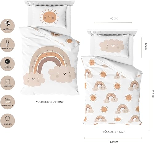 Parure de lit pour enfant en flanelle - Parure de lit pour bébé « Little Sunrise » - Douce et douillette - Pour fille et garçon - 100 % coton - Soleil, nuage et arc-en-ciel - Housse de couette 100 x - Nail Gallerys