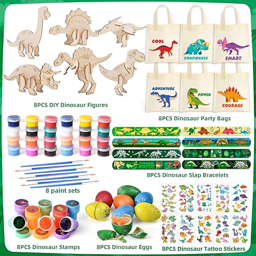 vamei Dinosaure Cadeaux Anniversaire Enfants avec Kit de Bricolage en Bois, Sacs en Toile, Œufs Dino, Bracelets Claques, Tampons Tatouages Temporaires, Remplissage de Piñata et Petits Cadeaux pour Gar - Nail Gallerys