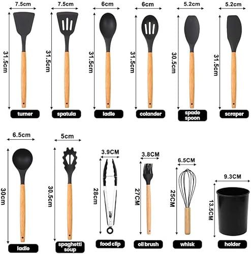 Ensemble d'ustensiles de cuisine, 12 ustensiles de cuisine en silicone, résistants à la chaleur, poignée en bois, non collants, passent au lave-vaisselle, nettoyage facile - Nail Gallerys