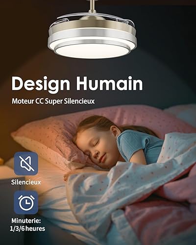 CJOY 107 cm Ventilateur de Plafond Pale Retractable avec Télécommande, Ventilateur Plafond avec Lumiere Dimmable, Silencieux DC Réversible, 6 Vitesses, Minuterie, Argent - Nail Gallerys