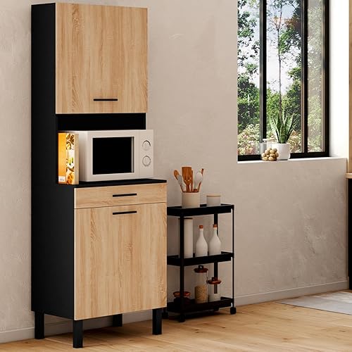 IDMarket - Buffet de Cuisine 60 CM CINA 2 Portes + tiroir Noir et façon hêtre - Nail Gallerys