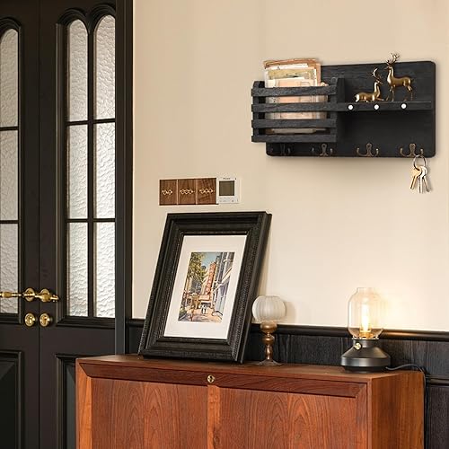 SAMISO Porte Clef Mural,Porte-Clés Mural en Bois,Porte Courrier Mural,Avec 4 Crochets à Clé Doubles,Noir Porte Courrier Bois,pour clés,lettres,factures,pour Salon,à L'entrée,Cuisine - Nail Gallerys