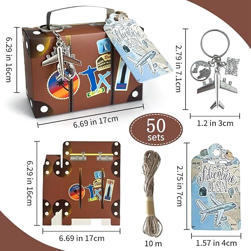 Aotoer Lot de 50 valises vintage avec porte-clés en forme d'avion, étiquettes kraft et ficelle de jute pour fête sur le thème des voyages, fête prénuptiale, décorations de mariage - Nail Gallerys