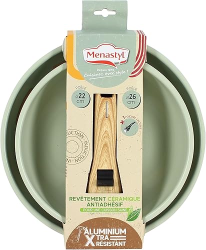 MENASTYL - Lot de 2 poêles amovibles revêtement antiadhésif céramique sans PFAS/PTFE - 2 poêles 22/26cm et 1 poignée - Tous feux dont induction – Alu recyclé Céladon - 6020627 - Nail Gallerys