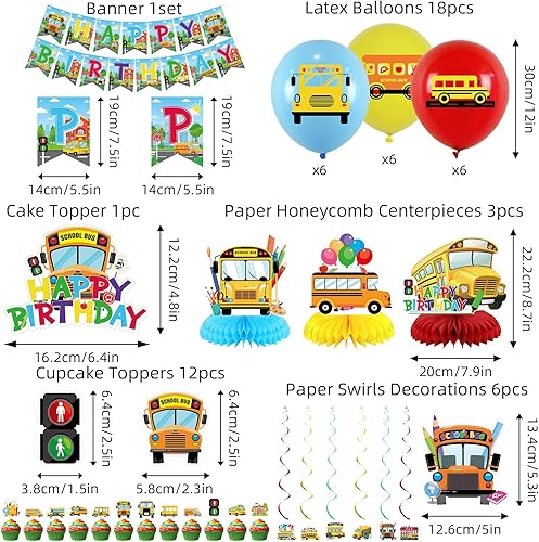 Obussgar Décorations de fête d'anniversaire pour bus scolaire, accessoires de fête avec bannière Happy Birthday, spirales, décorations de gâteau, pièces centrales de table, ballons (LQ) - Nail Gallerys