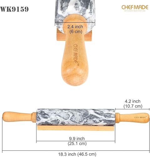CHEFMADE Rouleau à pâtisserie en marbre de 18 pouces avec poignées en bois et berceau,Antiadhésif approuvé par la FDA (gris et blanc) - Nail Gallerys