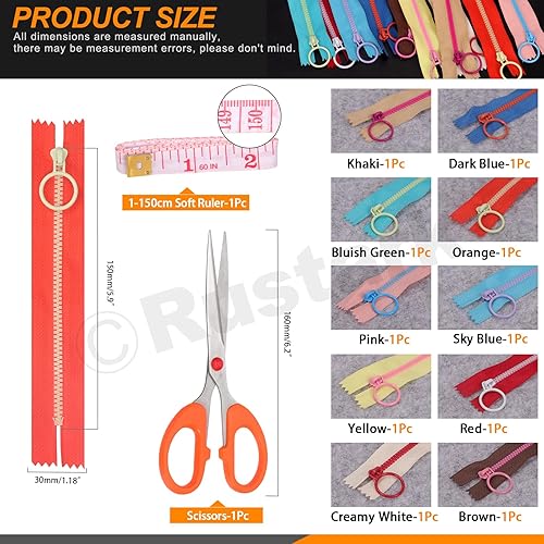 Rustark Lot de 12 fermetures éclair en résine de nylon de 25 cm - Assortiment de couleurs - Avec ciseaux et règle, fermetures éclair avec anneau de levage - Fermeture éclair en nylon et plastique - Nail Gallerys