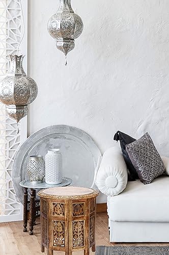 Petite Table Basse Orientale Pliante en Bois Ashkar Blanc 45cm Ronde | Table de Chevet d'appoint Marocaine | Guéridon Pliant démontable | Décoration de Salon de Maison en Design Indien marocain - Nail Gallerys